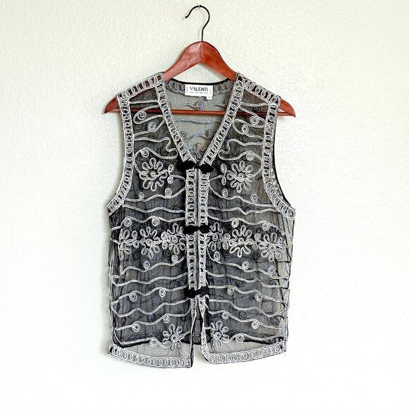 Vintage Valenti Black & Silver Sheer Mesh Metallic Embroidered Vest Size XL - Picture 1 of 10